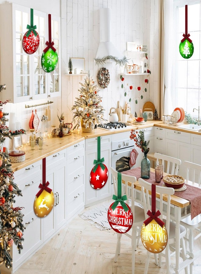 Fiwochic 8 Pcs Christmas Kitchen Cabinet Hanging Ornament with Velvet Red Green Bow 10 Inch Large Wooden Hanging Decoration 3D Merry Xmas Ball Decor for Kitchen Front Door Window Chair Tree Holiday - Image 5